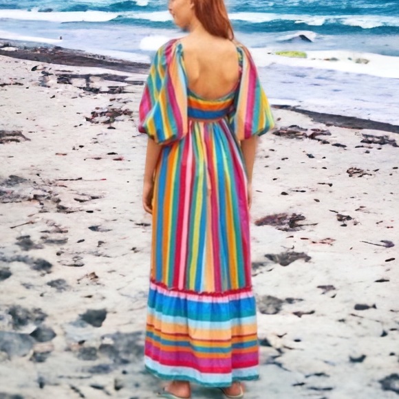 Farm Rio x Anthropologie Rainbow Stripe XS 0 / 2 Blue Silky Flounced Hem Midi - Picture 6 of 6